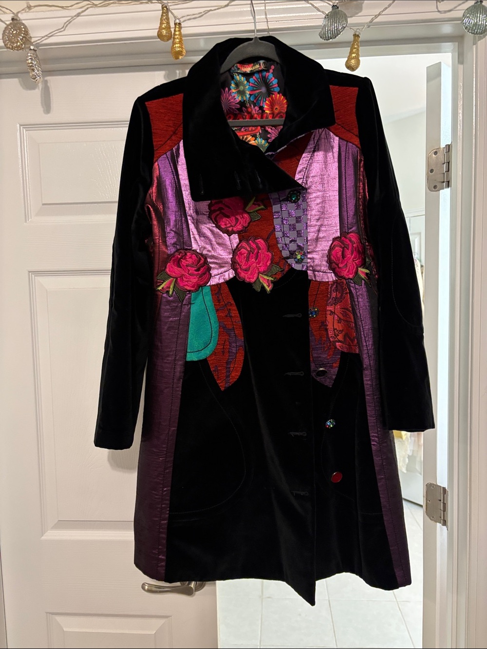 Desigual Black Velvet Trench Coat with Pink Floral Panels